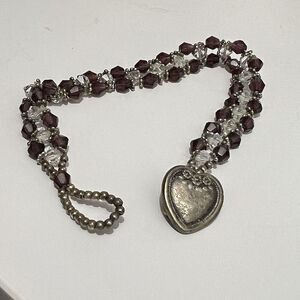 Beaded Heart Bracelet Red Brown Clear Metal
